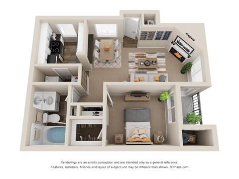 Floor plan for 1 bed, 1 bath, 805 sqft
